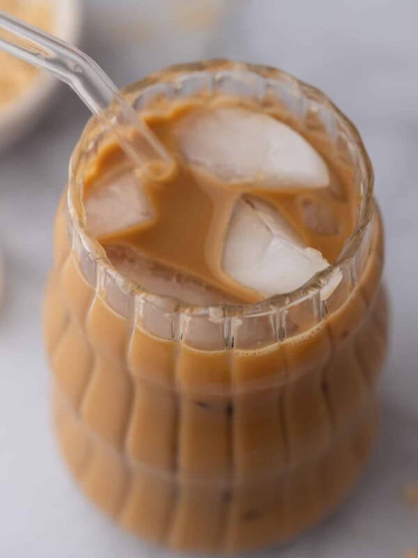 angled overhead shot of the brown sugar iced coffee recipe in a glass