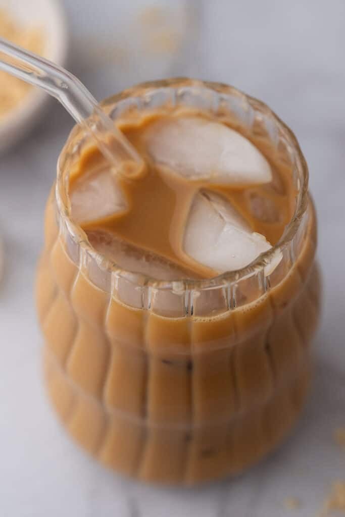 angled overhead shot of the brown sugar iced coffee recipe in a glass