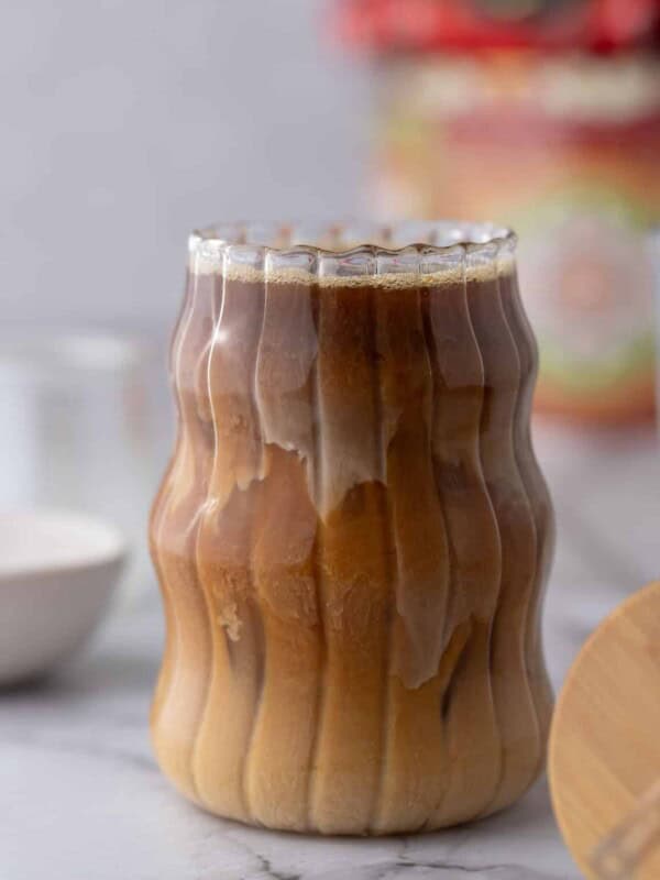 side shot of brown sugar iced coffee recipe in a glass