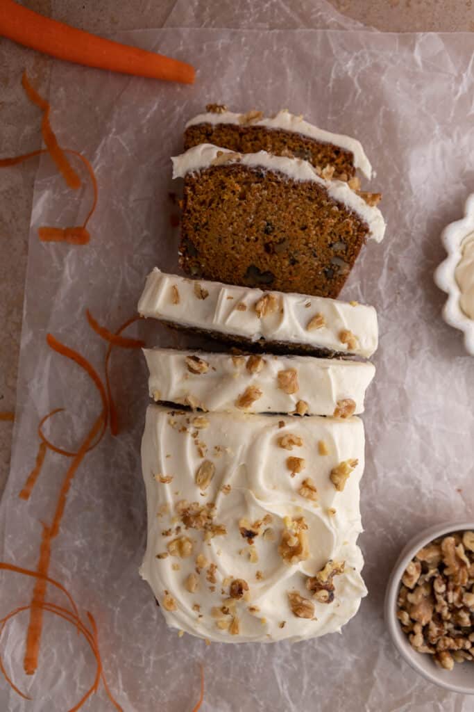 overhead view of the carrot cake loaf cake recipe