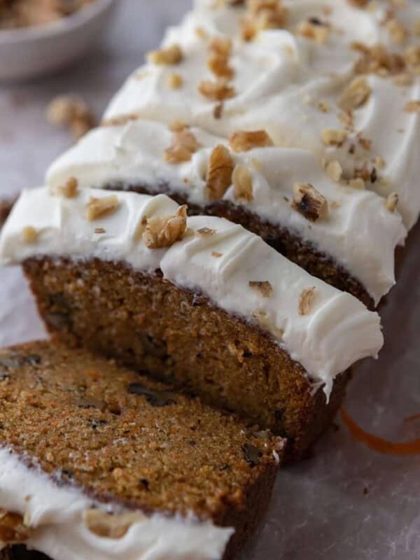 carrot cake loaf cake recipe sliced in pieces
