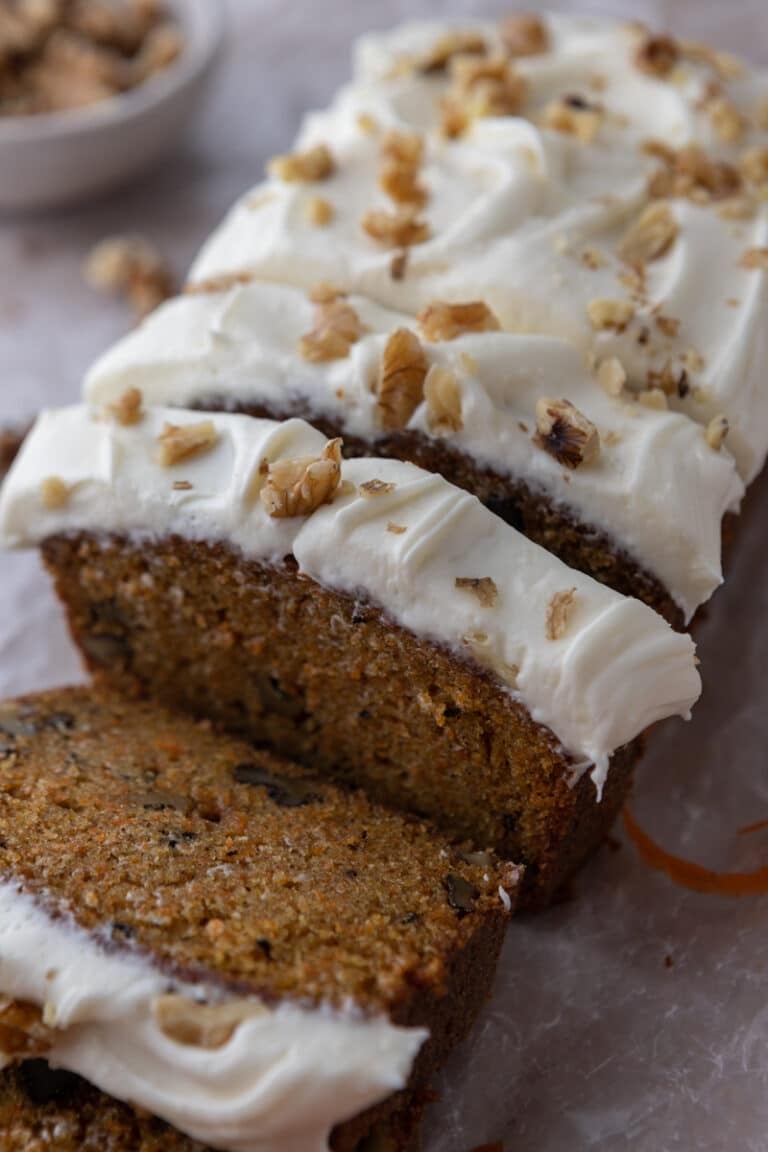 carrot cake loaf cake recipe sliced in pieces