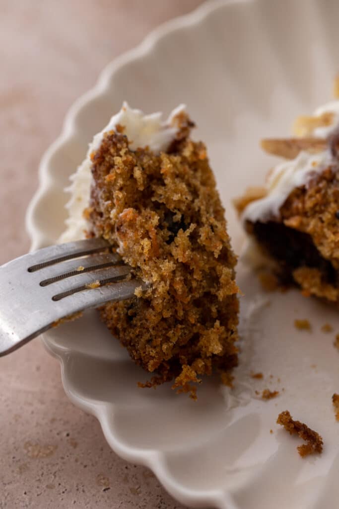 a bite of the carrot cake loaf cake recipe on a fork