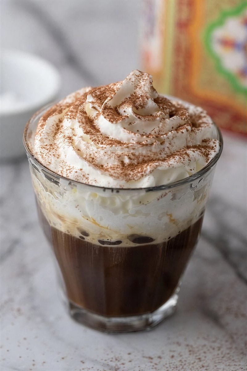 Einspanner coffee in a short glass, espresso topped with a tall swirl of whipped cream dusted with cocoa.