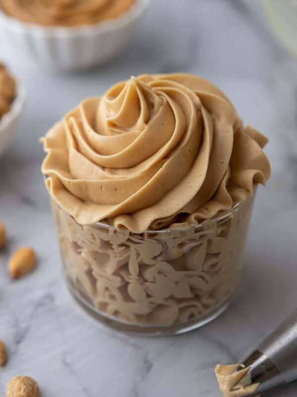 angled overhead shot of how to make peanut butter frosting in a cup