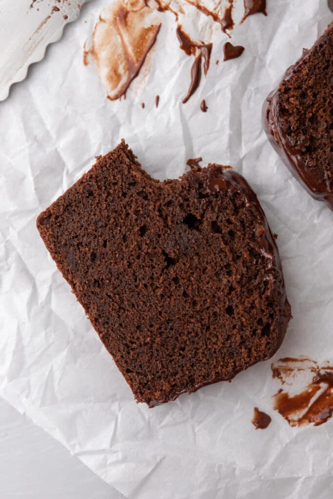 a slice of the chocolate pound cake recipe on its side
