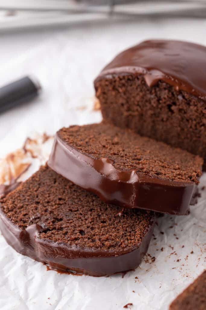slices of chocolate pound cake on their side