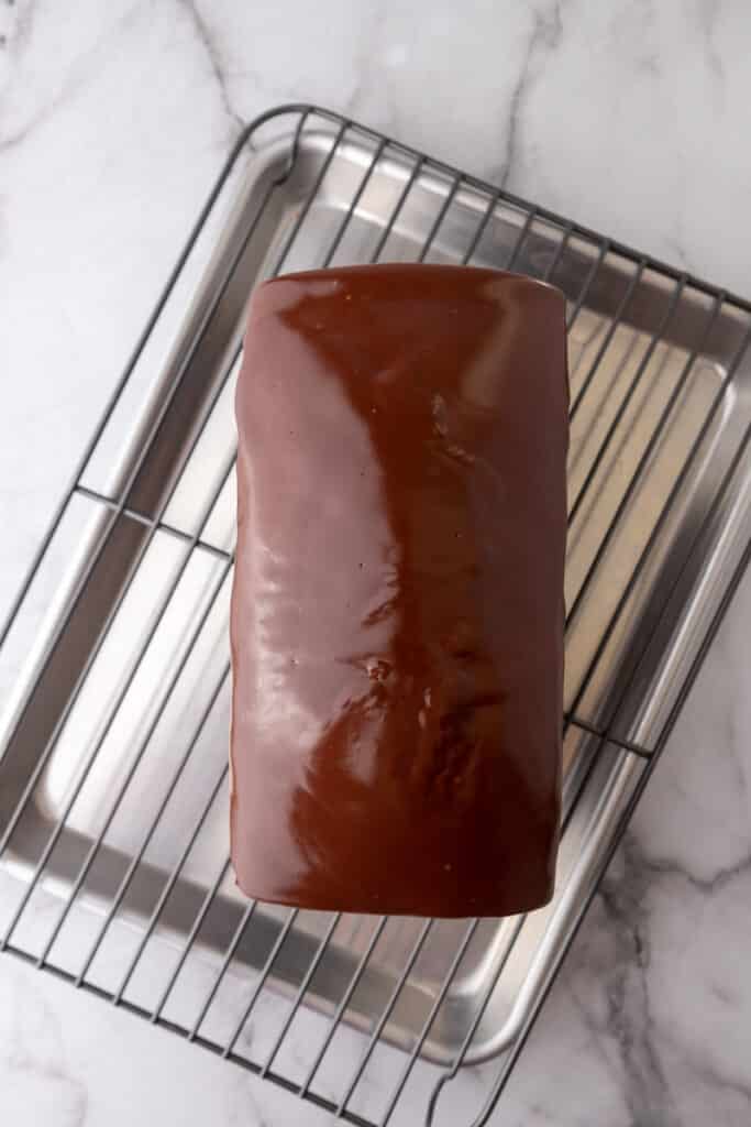 fully made chocolate pound cake recipe on a wire rack