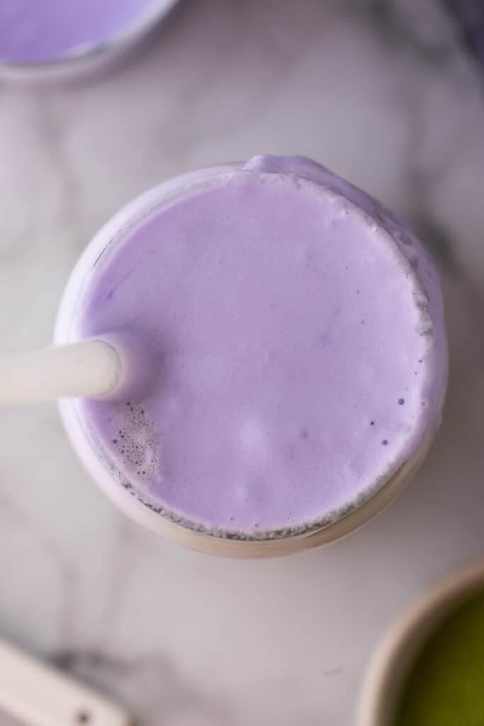 overhead shot of the starbucks oatmilk matcha lavender cream recipe