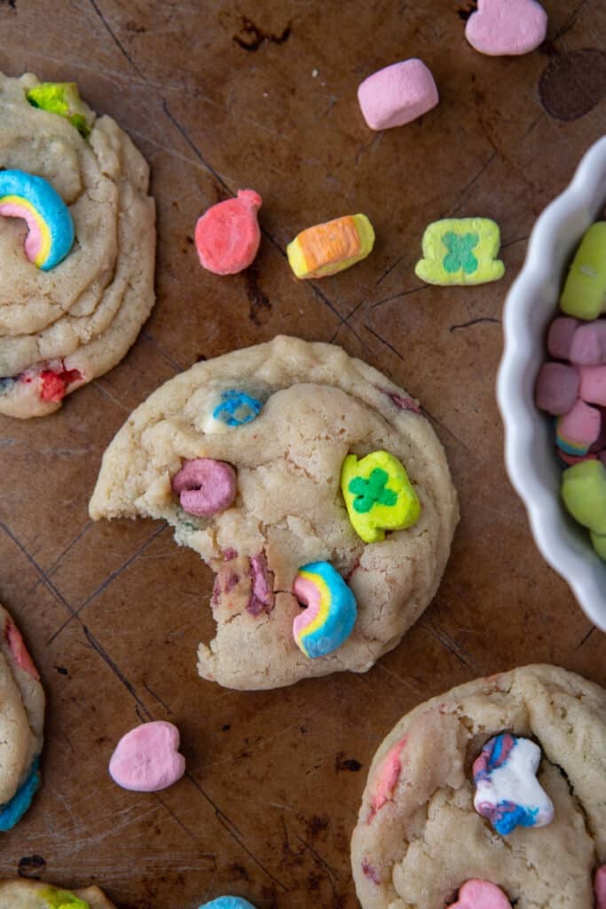 lucky charms cookies on a baking sheet