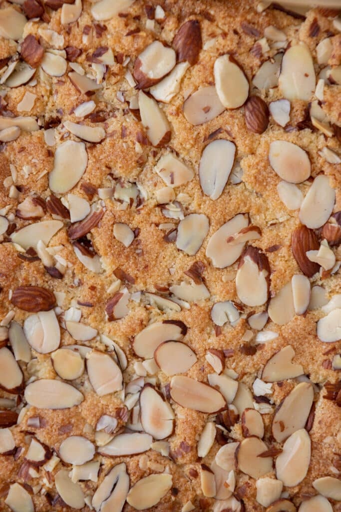 close up of the filling of the almond croissant blondies