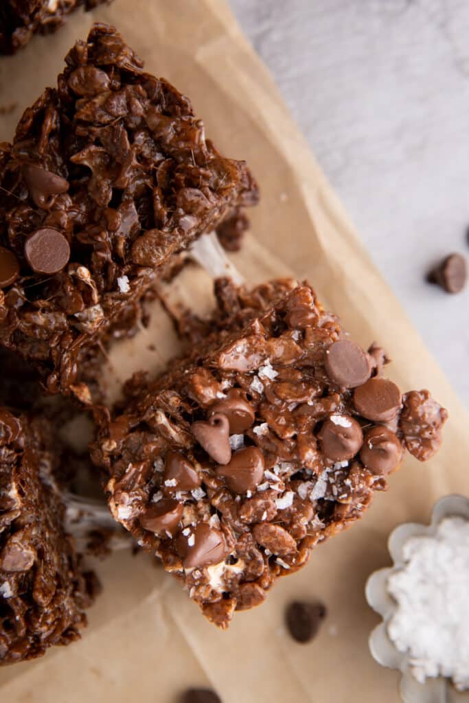 two Brown Butter Chocolate Rice Krispies Treats being pulled apart