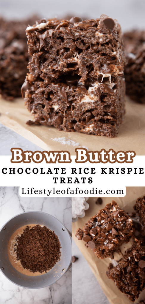 pinterest pin of the brown butter chocolate rice krispies treats recipe