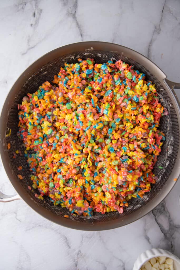 Fruity pebbles cereal in a pan