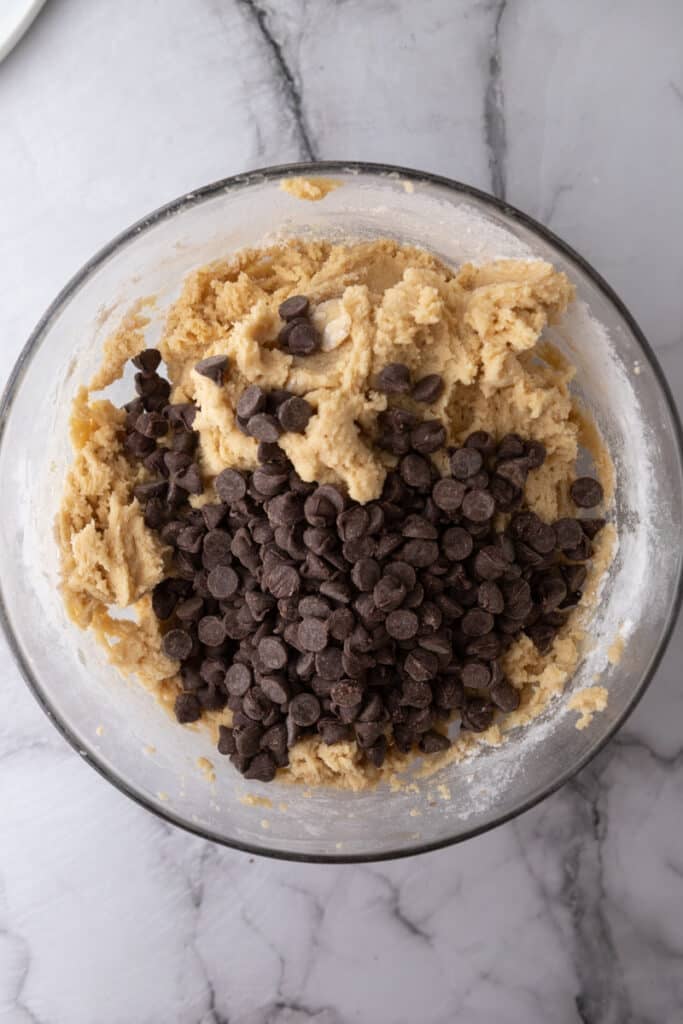 Chocolate chips on cookie dough