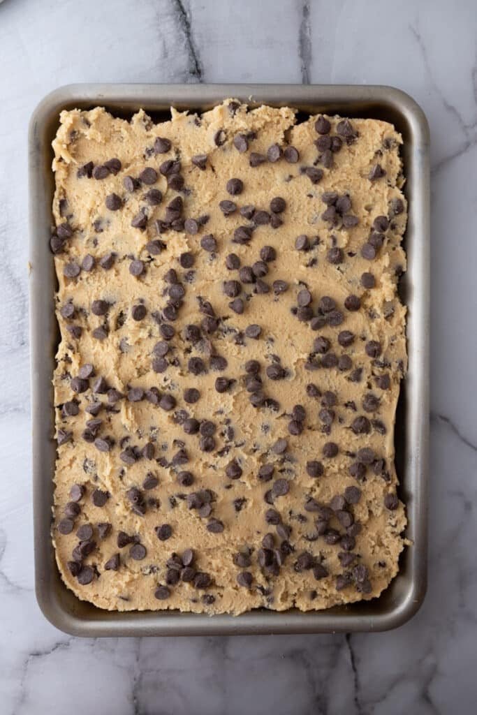 Cookie dough in a baking sheet