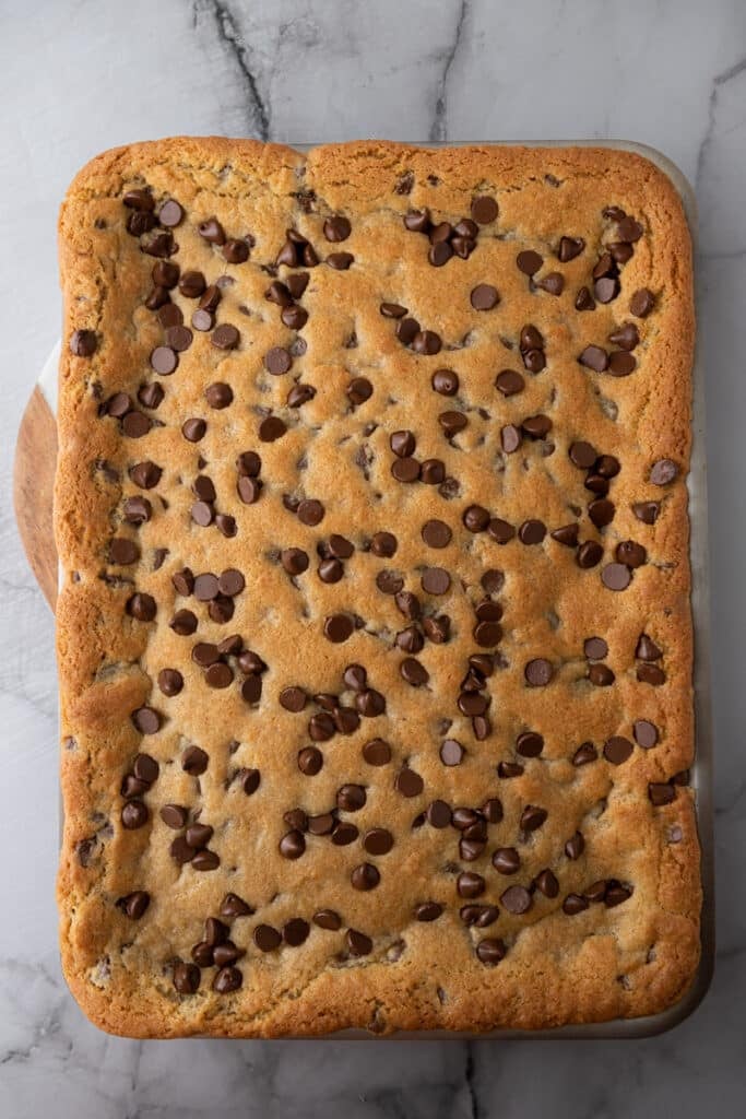 Chocolate chip cookie bars in a pan