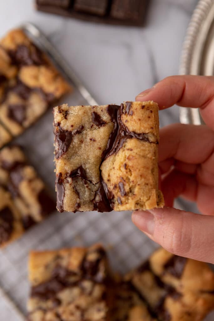 a square from the small batch chocolate chip cookie bars recipe