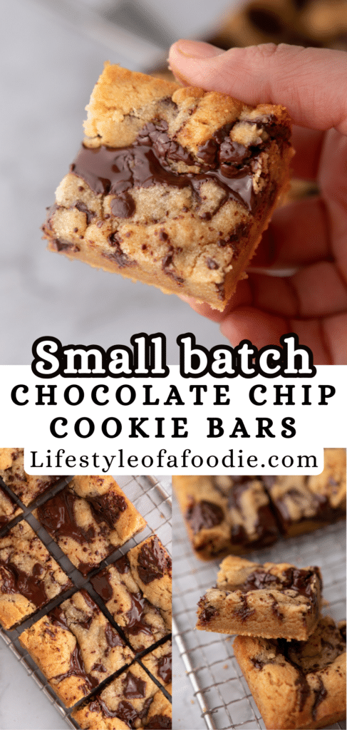 pinterest pin of the small batch chocolate chip cookie bars