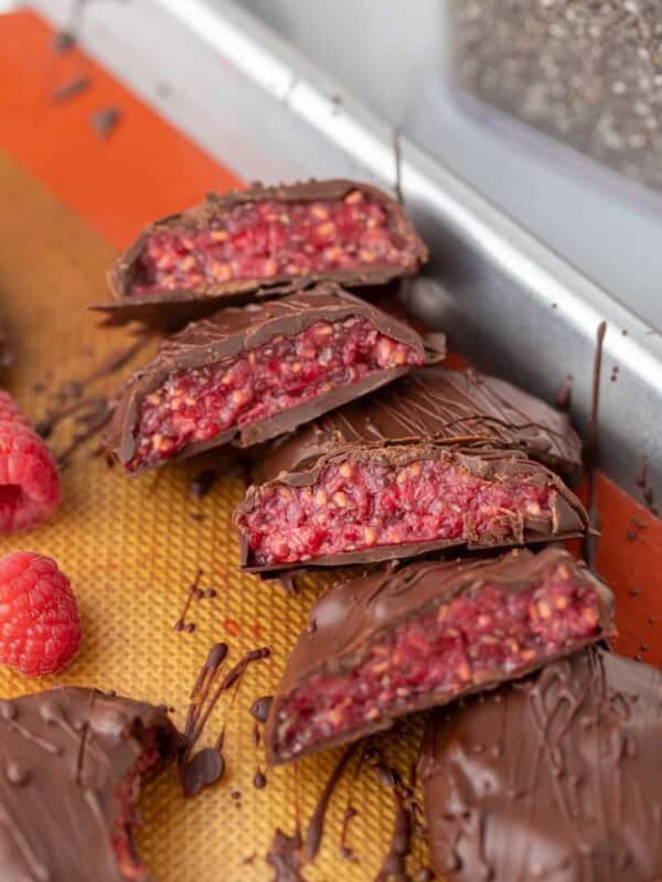 Easy Healthy Raspberry Jam Chocolate Bites sliced in half