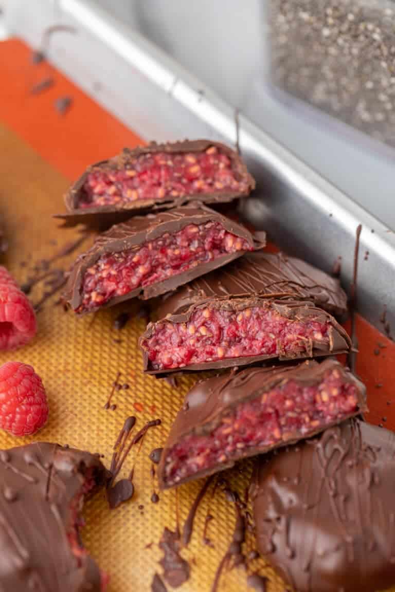 Easy Healthy Raspberry Jam Chocolate Bites sliced in half