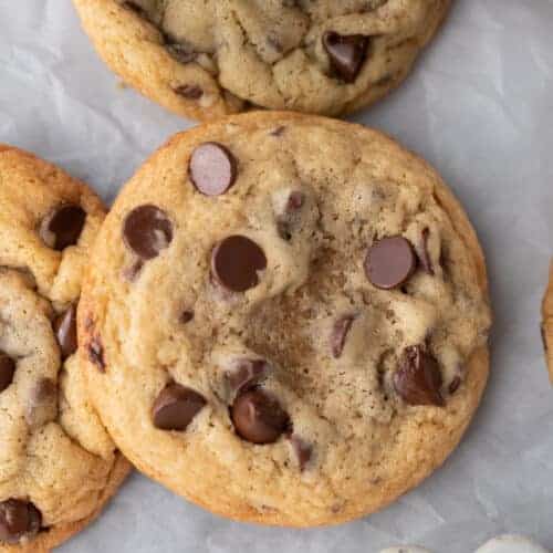 overhead close up of the sourdough chocolate chip cookies