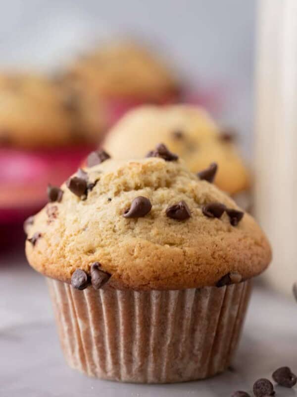 close up of the sourdough chocolate chip muffins