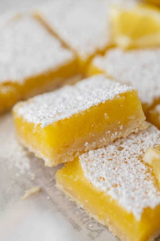 close up of a square of the easy lemon bars recipe