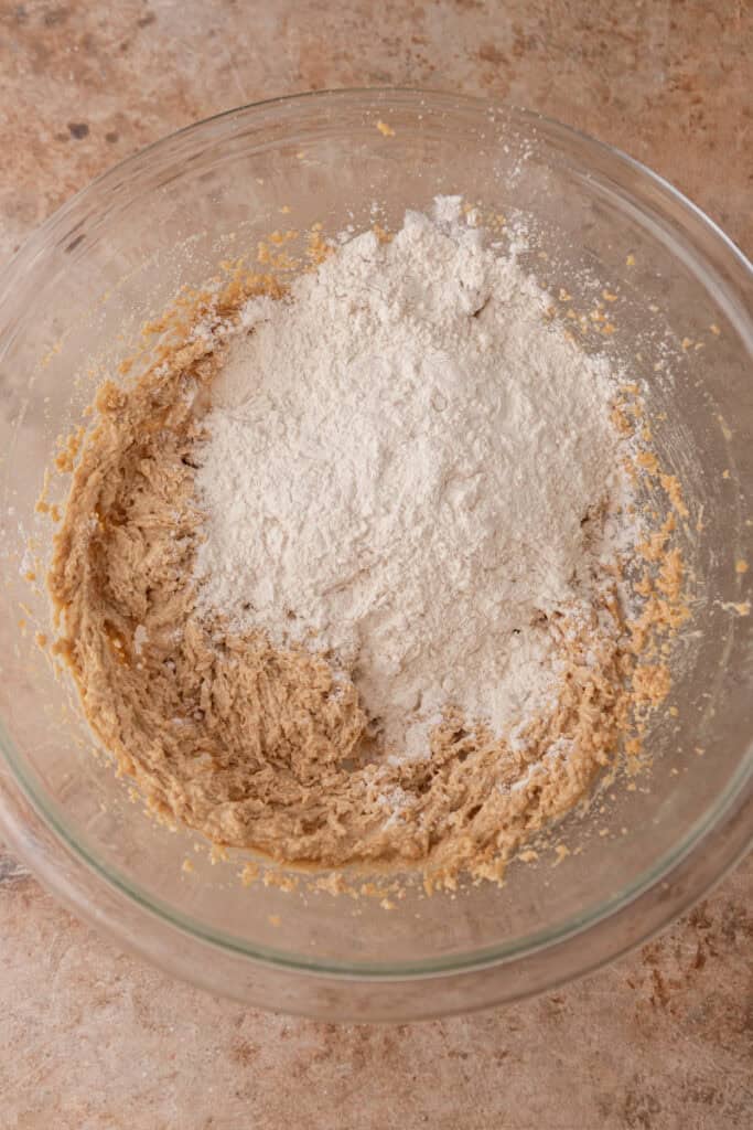 Wet ingredients and flour in a bowl