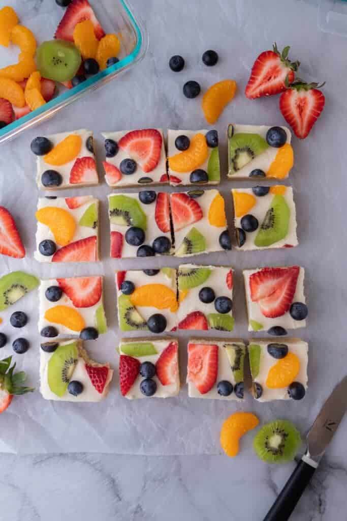 overhead shot of the sugar cookie fruit pizza bars recipe