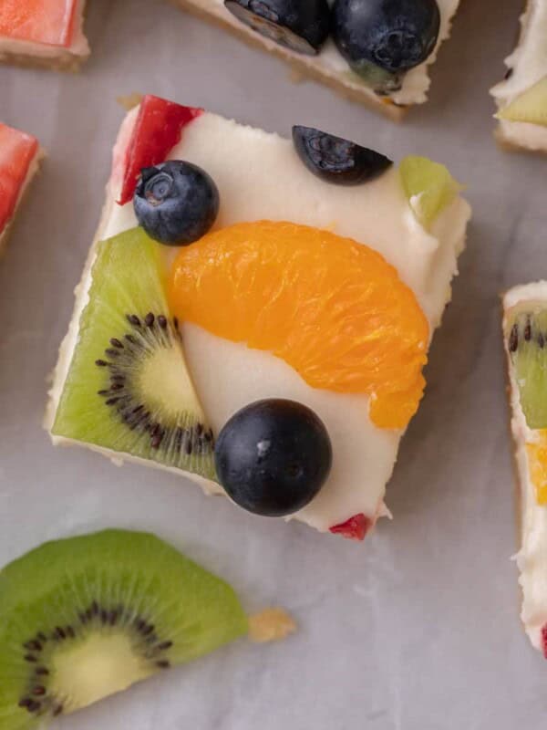 overhead close up of the sugar cookie fruit pizza bars recipe