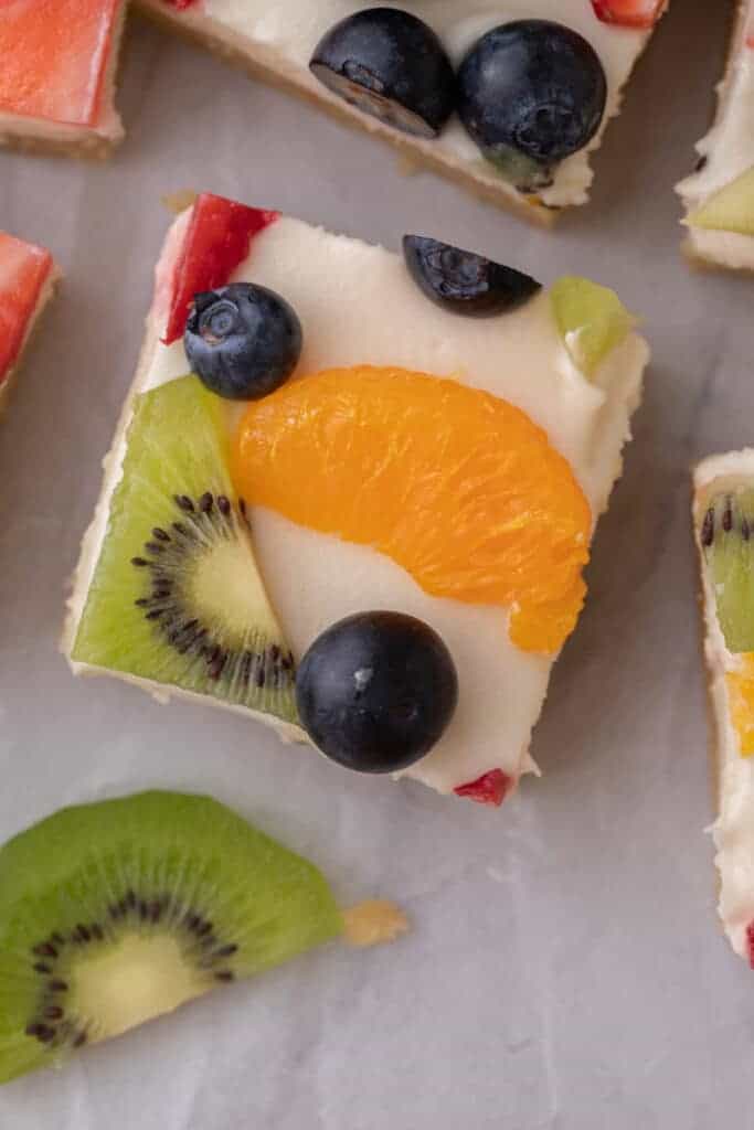 overhead close up of the sugar cookie fruit pizza bars recipe