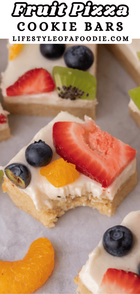pinterest pin of the sugar cookie fruit pizza bars recipe