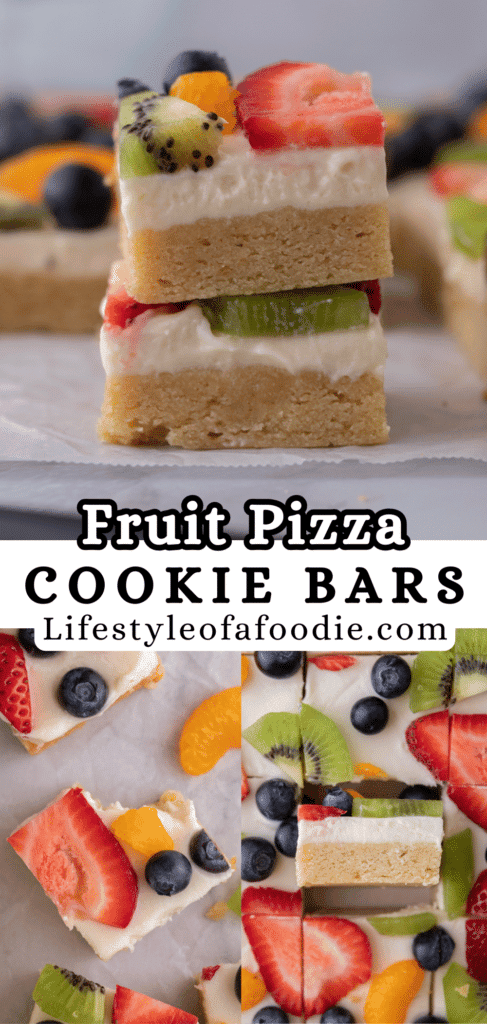 pinterest pin of the sugar cookie fruit pizza bars recipe