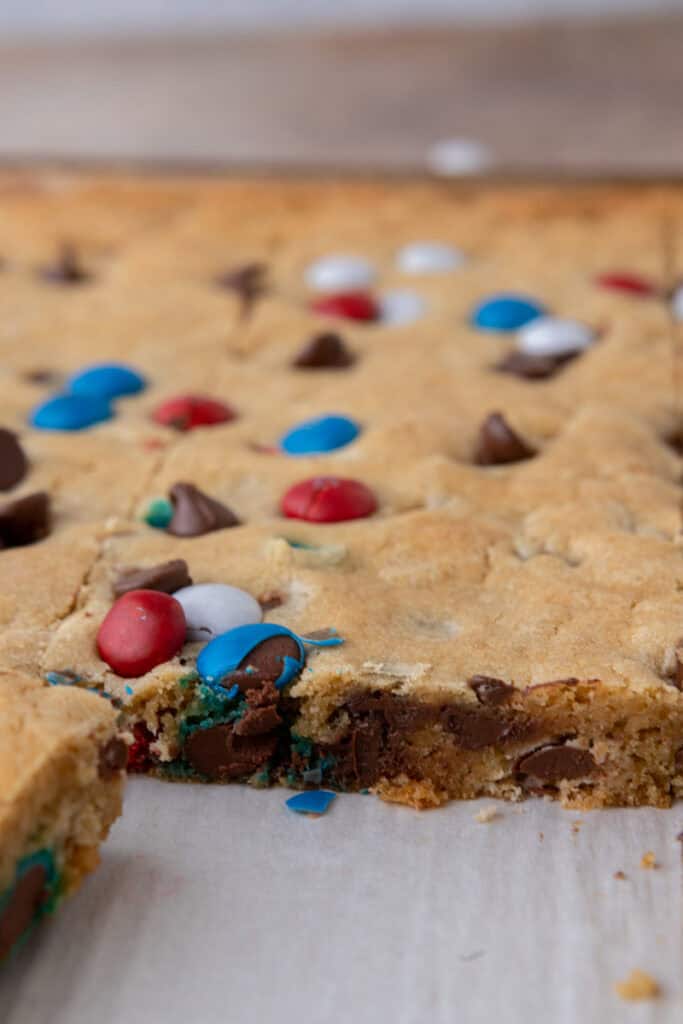Texture of the red white and blue  m&m's sheet pan cookies