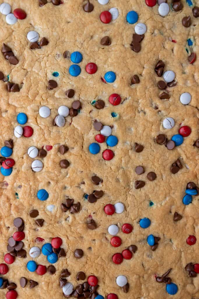 Close up of patriotic sheet pan red white and blue M&M's cookie bars
