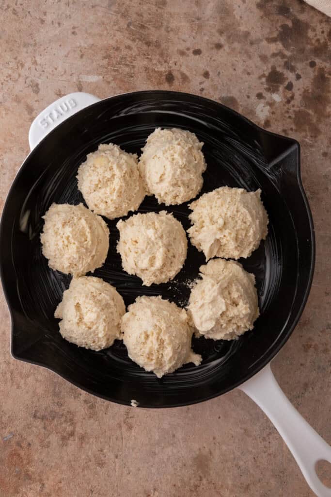 raw balls in a skillet