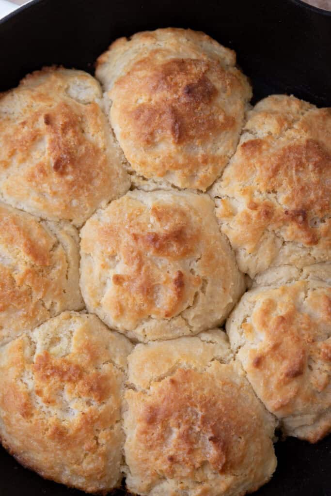 sourdough drop biscuits recipe in a skillet