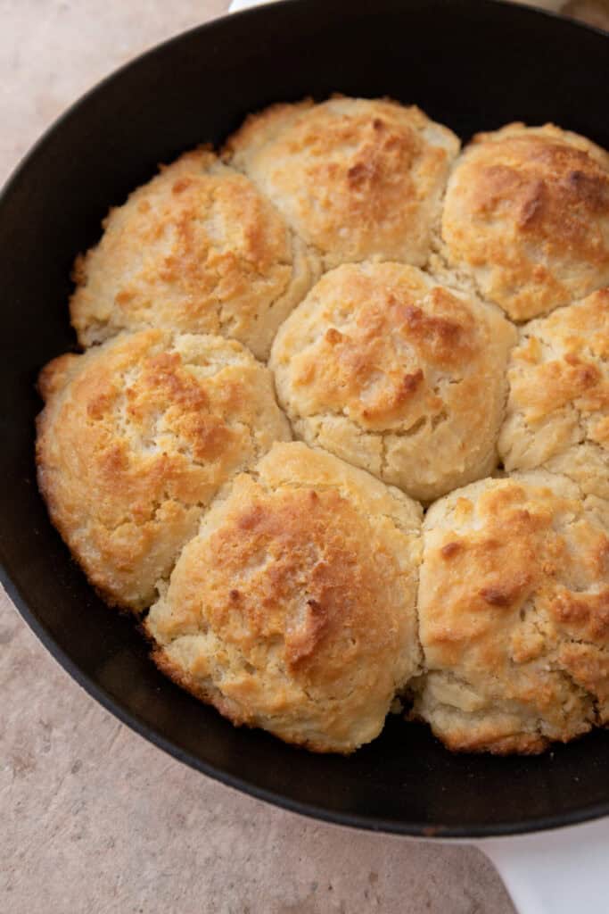 sourdough drop biscuits recipe in a skillet