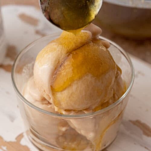 viral olive oil caramel recipe drizzled over ice cream