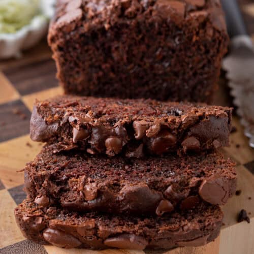 Double Chocolate Zucchini Bread recipe cut in slices