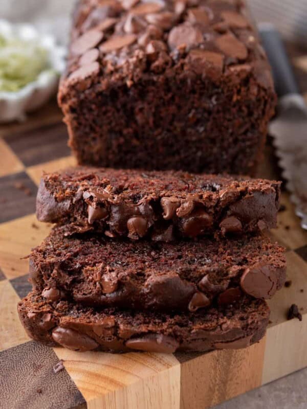 Double Chocolate Zucchini Bread recipe cut in slices