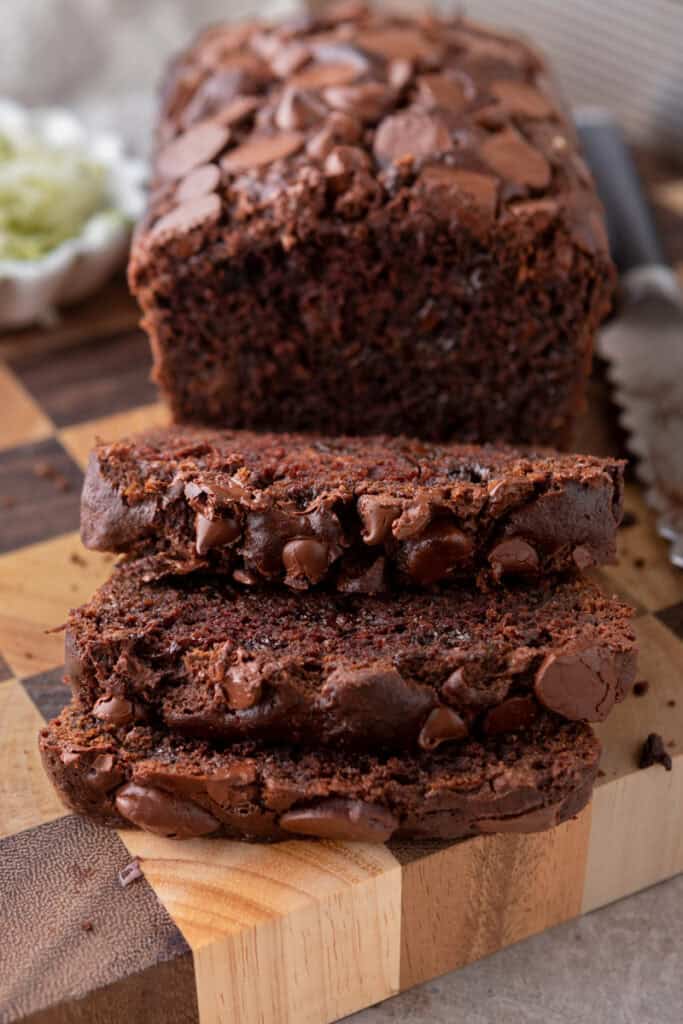 Double Chocolate Zucchini Bread recipe cut in slices