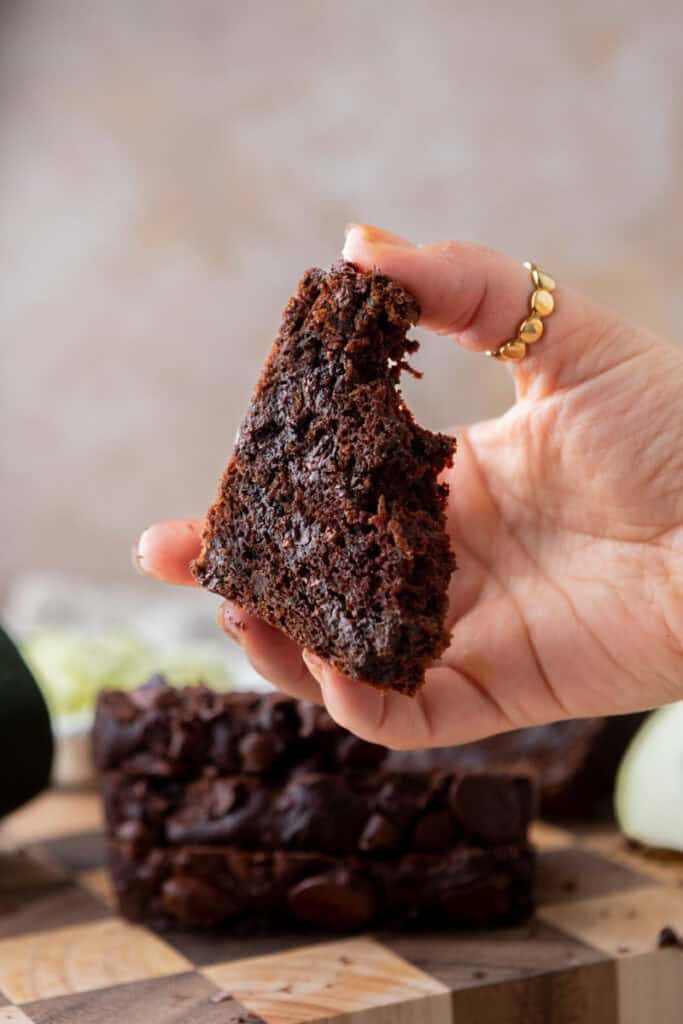 Double Chocolate Zucchini Bread recipe being held up by a hand