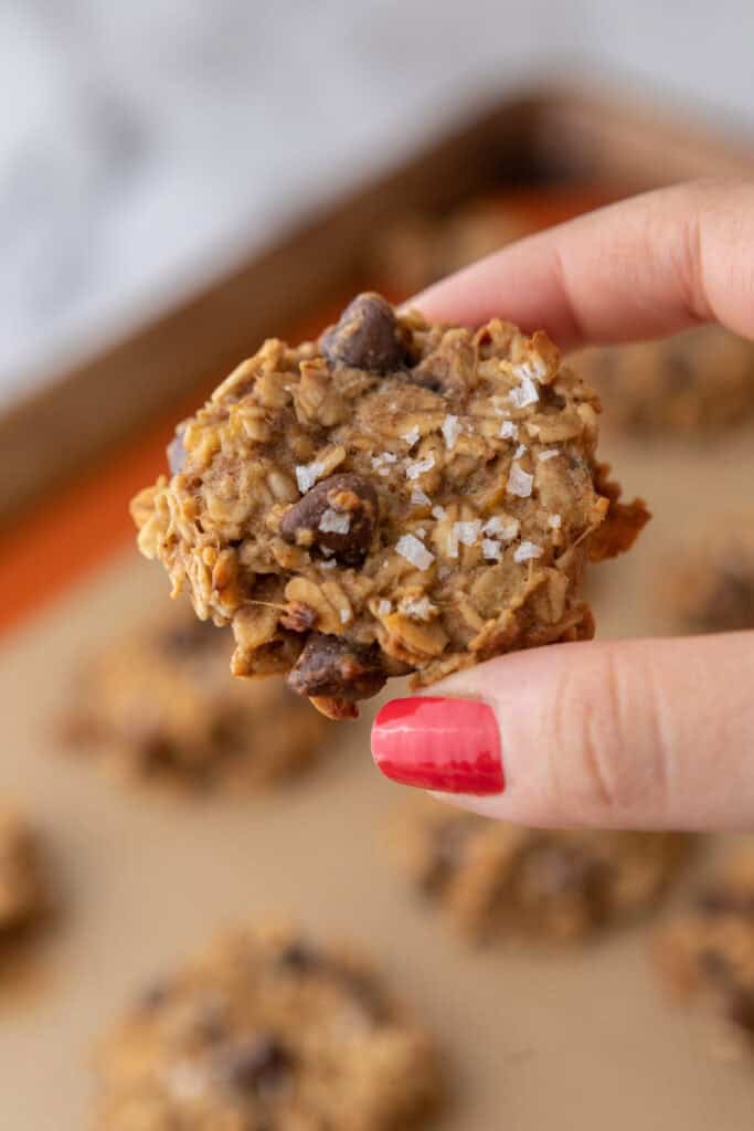 Healthy Oatmeal Banana Cookies being held up by a hand