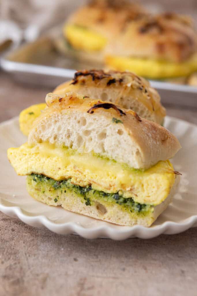 Starbucks egg kale pesto mozzarella sandwich recipe cut in half