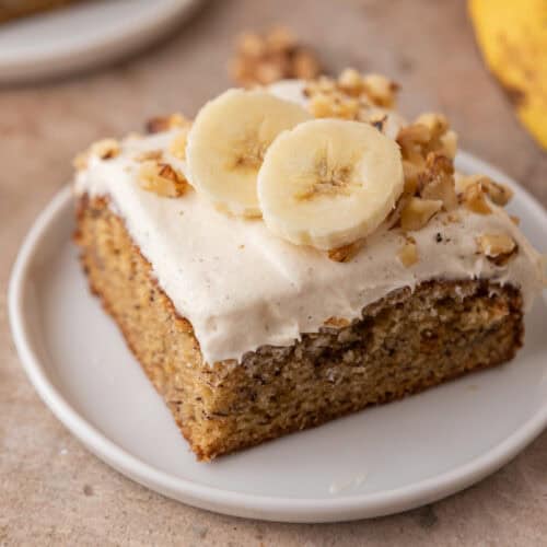 a slice of the banana cake recipe on a plate