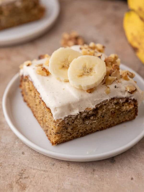 a slice of the banana cake recipe on a plate