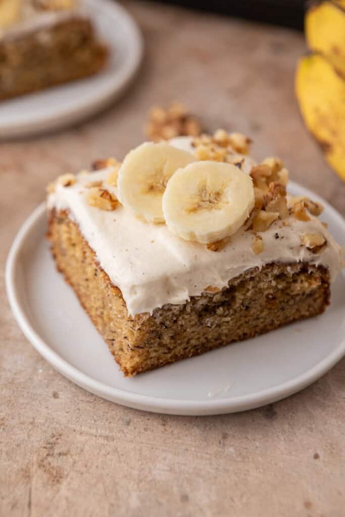 a slice of the banana cake recipe on a plate