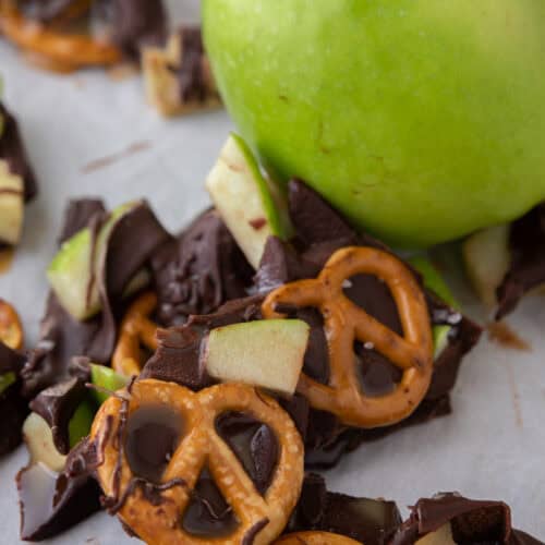 caramel apple bark recipe next to an apple